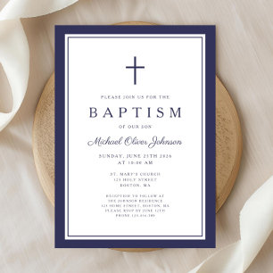 Invitation Baptême élégant garçon croix bleu marine