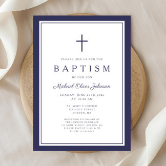 Invitation Baptême élégant garçon croix bleu marine