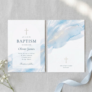 Invitation Baptême élégant garçon croix dorée aquarelle bleue