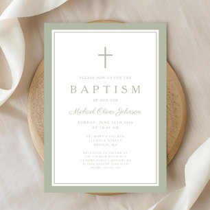 Invitation Baptême élégant garçon croix vert sauge