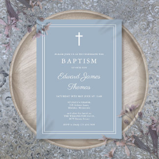 Invitation Baptême élégant moderne bordure bleu poussiéreux