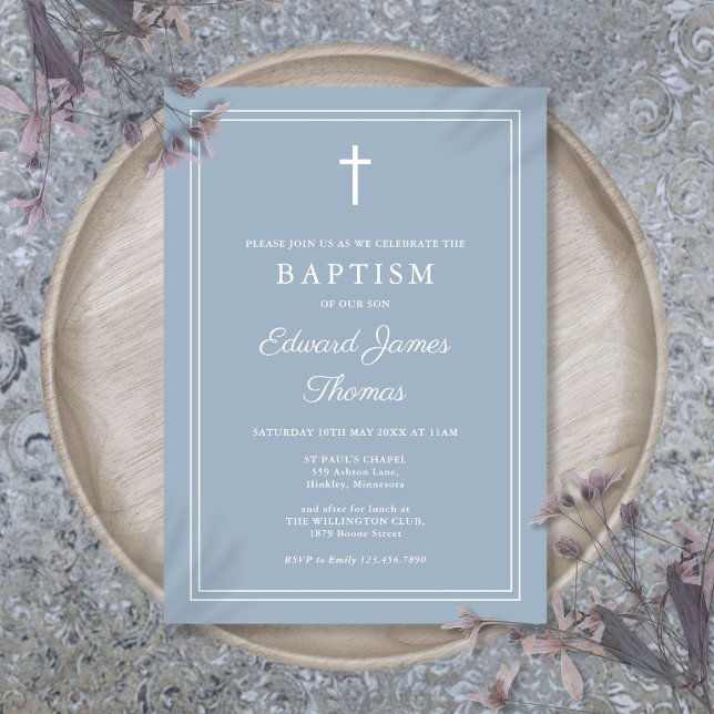 Invitation Baptême élégant moderne bordure bleu poussiéreux (Modern Elegant Border Dusty Blue Baptism Invitation)