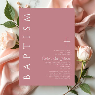 Invitation Baptême élégant moderne de fille rose écriture