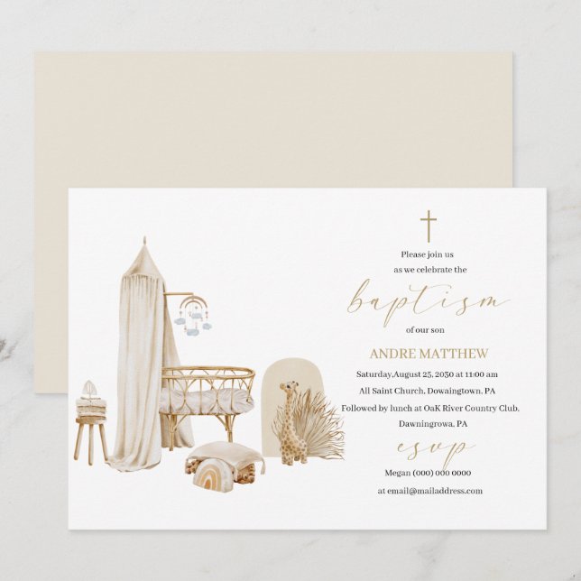 Invitation Baptême élégant Nurs de boho neutres de genre reli (Devant / Derrière)