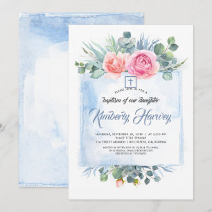 Invitation Baptême élégant rose et bleu roux