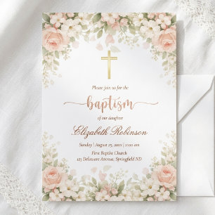 Invitation Baptême élégant rose pâle floral croix dorée