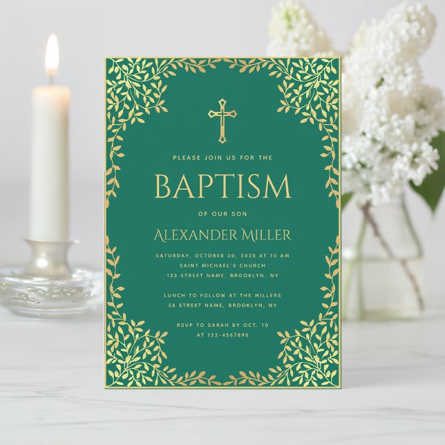 Invitation Baptême Emerald Green Faux Gold Foil Feuilles Orna (Créateur téléchargé)
