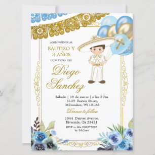 Invitation Baptême en bleu et en or mexicain et troisième inv