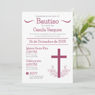 Invitation Baptême en espagnol Cute Bautizo Cross et Feuille