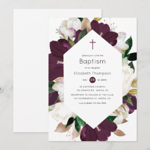 Invitation Baptême en velours prune foncé et fleurs blanches