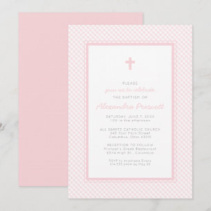 Invitation baptême En vichy fille rose