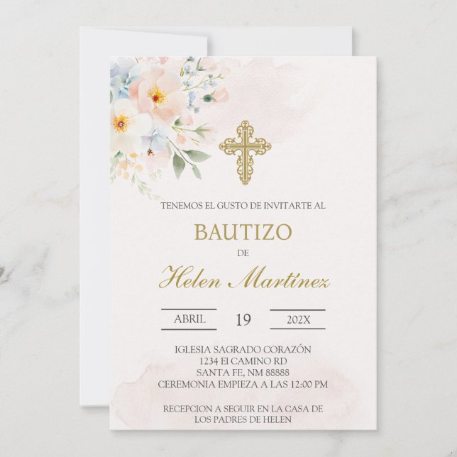 Invitation Baptême espagnol fleuri coloré (Devant)