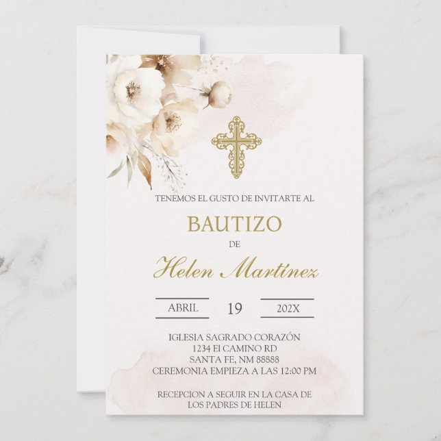 Invitation Baptême espagnol floral blanc (Devant)