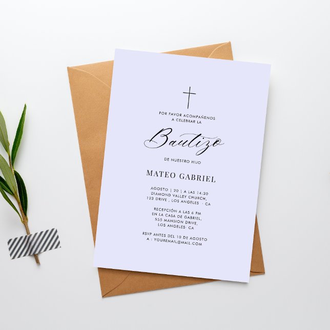 Invitation Baptême espagnol | Invitacion De Bautizo Lavender (Créateur téléchargé)