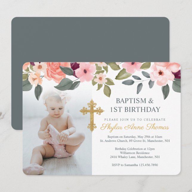 Invitation Baptême et 1er anniversaire aquarelle Fleurs photo (Devant / Derrière)