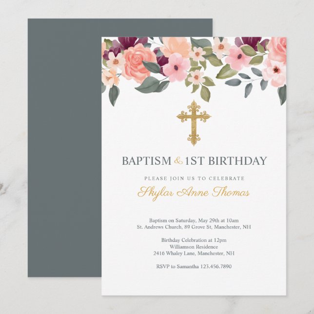 Invitation Baptême et 1er anniversaire de couleur d'aquarelle (Devant / Derrière)