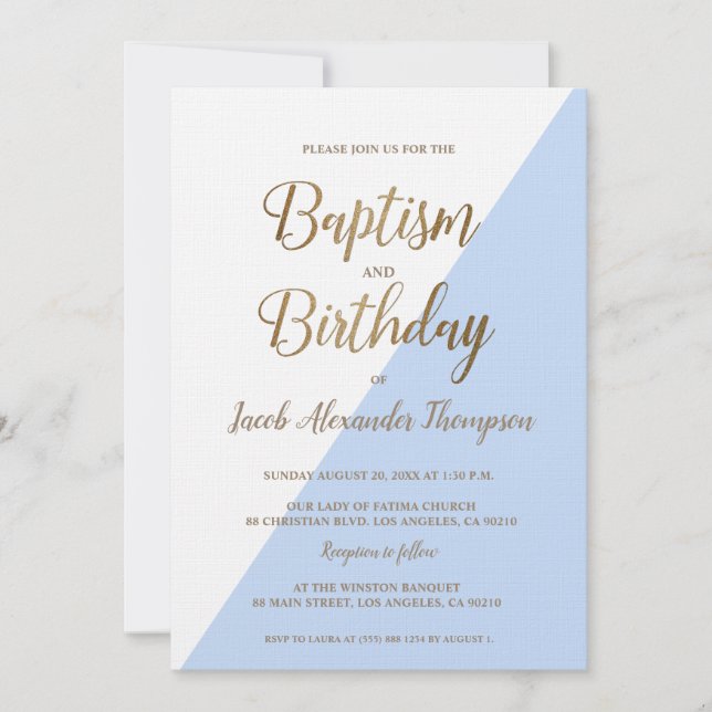 Invitation Baptême et Anniversaire Blue Gold personnalisé (Devant)