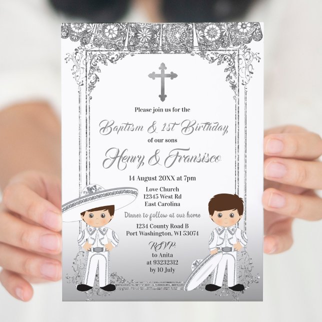 Invitation Baptême et anniversaire du jumeau d'argent mexicai (Créateur téléchargé)