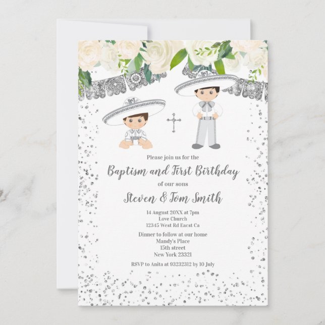 Invitation  Baptême et anniversaire Fiesta Floral Twins Boy  (Devant)