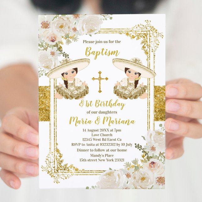 Invitation Baptême et Anniversaire Floral Blanc & Or Twin Gir (Créateur téléchargé)