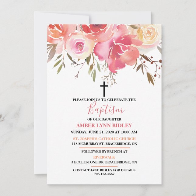 Invitation Baptême et brunch de bébé floral romantique (Devant)