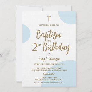 Invitation Baptême et deuxième anniversaire bleu et or modern