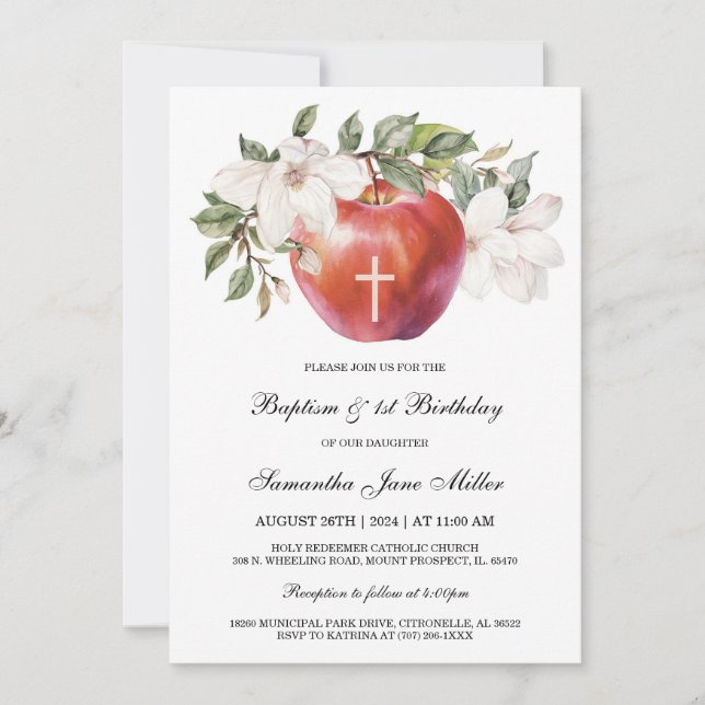 Invitation Baptême et modèle de pomme pour le premier anniver (Devant)
