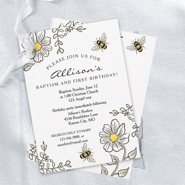 Invitation Baptême et premier anniversaire Abeille ensoleillé (Créateur téléchargé)