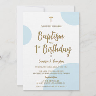 Invitation Baptême et premier anniversaire avec croix bleu or