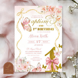 Invitation Baptême et premier anniversaire de papillon rose C
