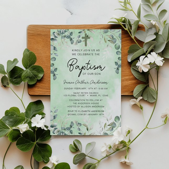 Invitation Baptême Eucalyptus Aquarelle Verdure (Elegant Botanical Baptism Eucalyptus Watercolor Christening Greenery Invitation)