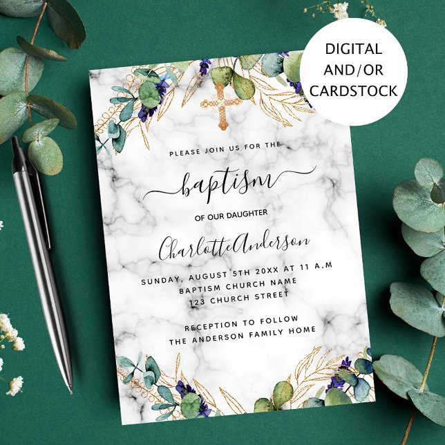 Invitation Baptême eucalyptus marbre d'or (Créateur téléchargé)