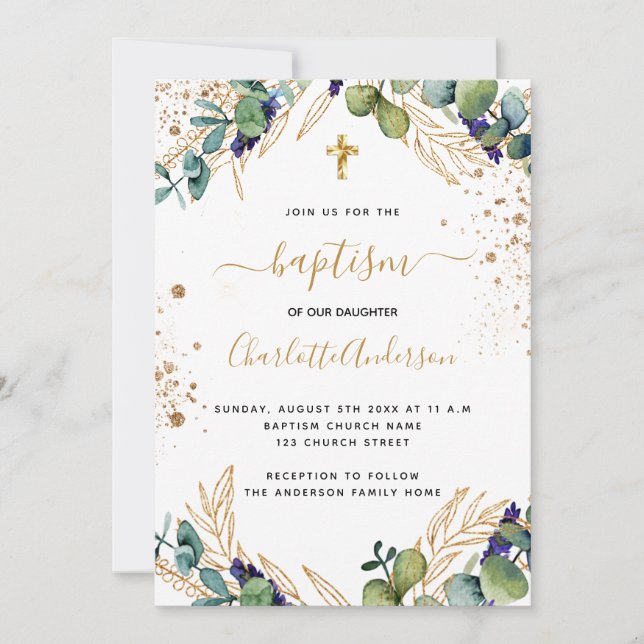 Invitation Baptême eucalyptus verdure or croix script (Devant)