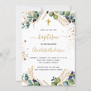 Invitation Baptême eucalyptus verdure or croix script