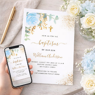 Invitation Baptême eucalyptus vert bleu or fleuri garçon