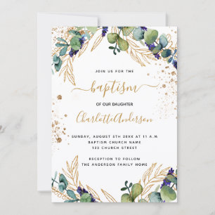 Invitation Baptême eucalyptus vert script or