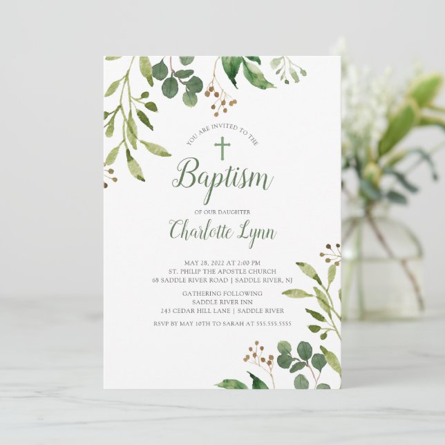 Invitation Baptême feuille Eucalyptus (Debout devant)