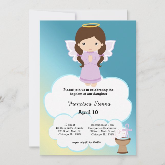 Invitation Baptême fille ange (Devant)
