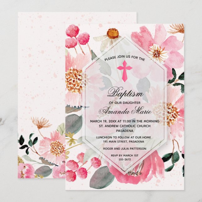 Invitation Baptême Fille Aquarelle Floral Rose (Devant / Derrière)