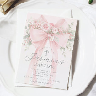 Invitation Baptême Fille Bébé Floral Rose Ruban