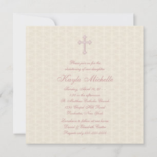 Invitation Baptême Fille Bébé Rose Damas Beige