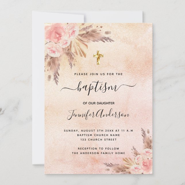 Invitation Baptême fille boho pampas herbe rose or rose (Devant)