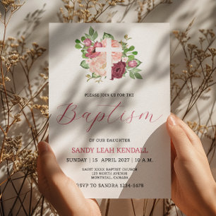 Invitation Baptême Fille de Croix Florale de Bourg