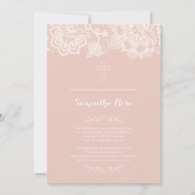 Invitation Baptême Fille Dentelle rose (Devant)