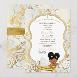 Invitation Baptême Fille Ethnique Christening Croix en Or