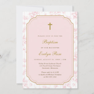 Invitation Baptême Fille Fleur Rose Toile Vintage