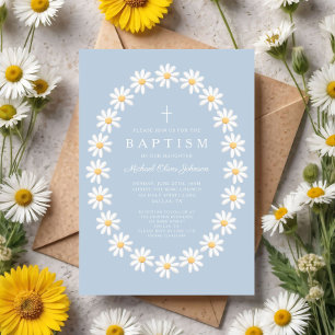 Invitation Baptême Fille Fleurs de Marguerites Bleues Moderne