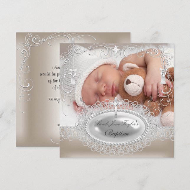 Invitation Baptême Fille Garçon Christening Perle (Devant / Derrière)