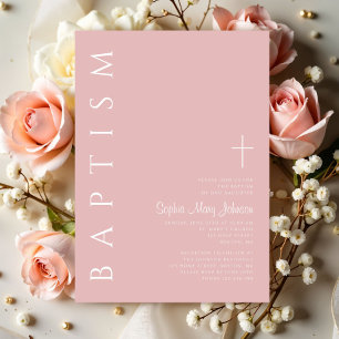 Invitation Baptême Fille Moderne Élégante Rose Pâle Croix