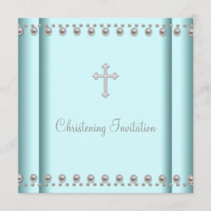 Invitation Baptême Fille ou Garçon Bébé Croix Perle Bleu Turq